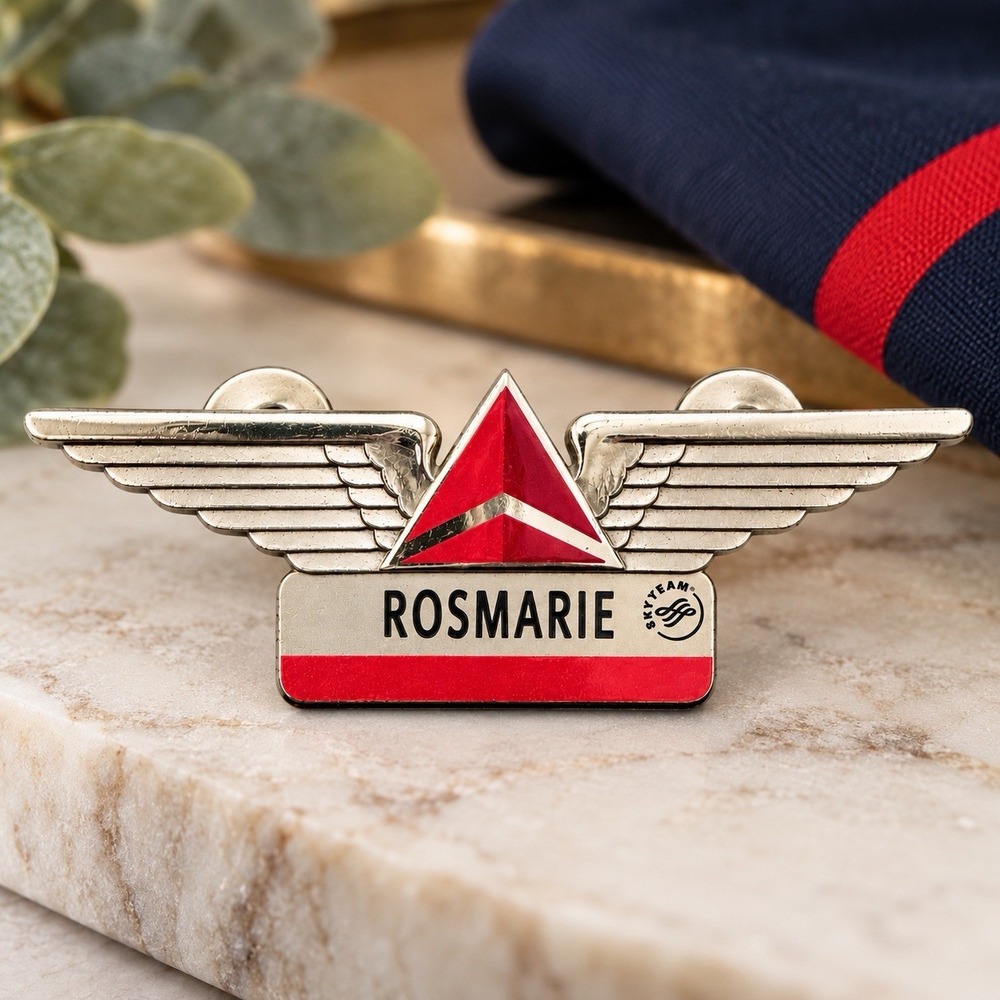 Delta Air Lines Flight Attendant Wings Name Badge Rosmarie SkyTeam Pin 2000s